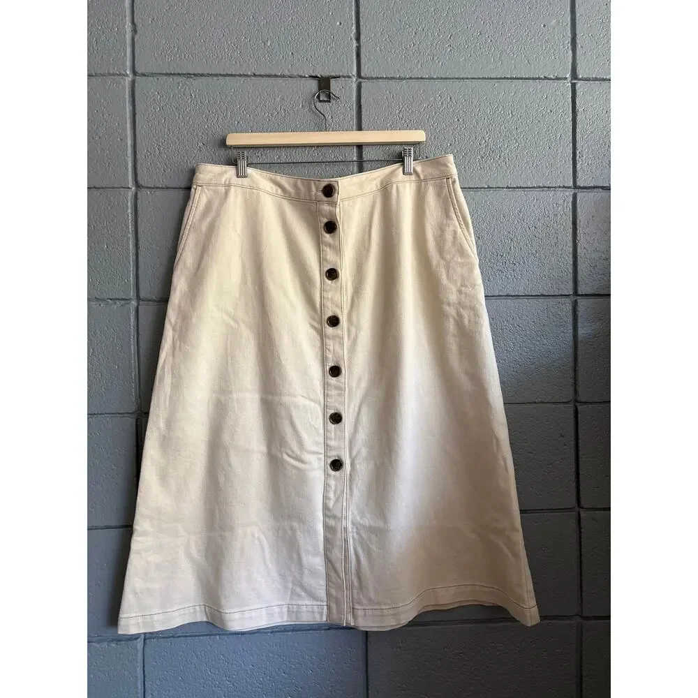 KATIENYC Boden Women's Val Button Denim Midi Skirt in Ecru size 16/18